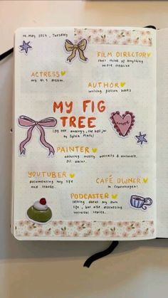 an open notebook with drawings and words on the pages that read, my fig tree