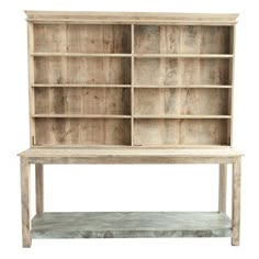 an old wooden bookcase with shelves on the top and bottom, isolated against a white background