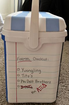 a blue and white cooler with writing on it