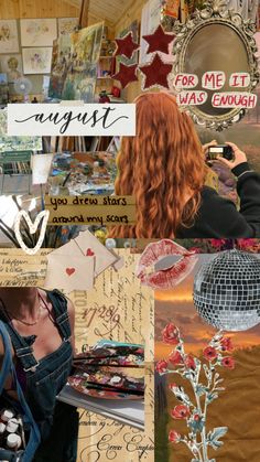 a collage of images with words and pictures on them, including an image of a woman looking at her cell phone