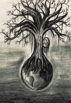 a drawing of a tree with its roots in the shape of a human head and an eye on it