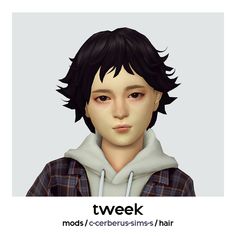 a young man with black hair wearing a hoodie and looking at the camera text reads twek mods / cerberismms / hairs / hair