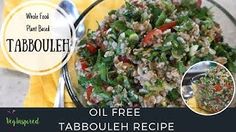 a bowl full of tabboule salad on top of a yellow towel