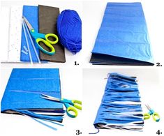 four pictures showing how to make a tissue paper bag with scissors and yarn on it