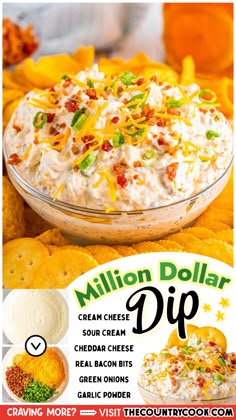 an advertisement for a mexican dish with chips and dip