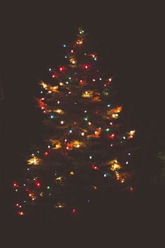 a large christmas tree is lit up in the dark with colorful lights on it's branches