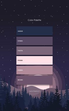 the color palette is shown with trees and stars in the sky behind it, as well as