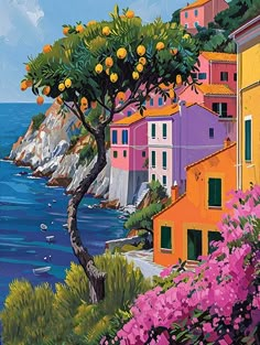 a painting of an orange tree in front of the ocean with buildings and flowers around it