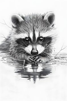 a drawing of a raccoon in the water with its paws on it's face