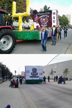 two pictures side by side with people walking on the sidewalk and in front of a truck