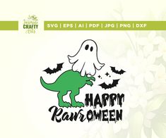 an image of a happy halloween sticker with a ghost riding on top of a dinosaur