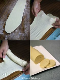 four pictures showing how to make pizza dough and rolling out the dough for pies