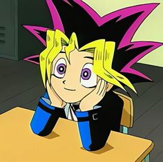 a cartoon character sitting at a table with his hand on his face and looking to the side