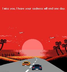 an old school video game driving down a road with the sun setting in the background