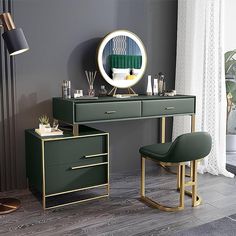 a desk with a chair and mirror on it