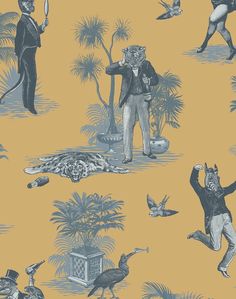 a wallpaper with an image of people and animals in the jungle on yellow background