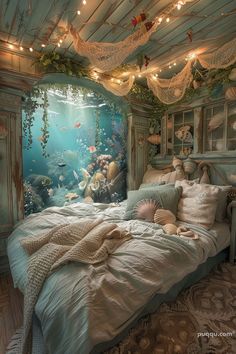 a bedroom with an underwater scene on the wall and lights hanging from the ceiling over the bed