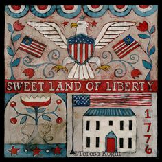 a tile with an eagle and flag on it's side, the words sweet land of liberty written in red white and blue