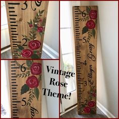 three different views of a wooden ruler with roses on it and the words vintage rose theme