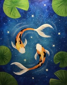 two koi fish are swimming in the water with lily pads on the bottom and stars above them