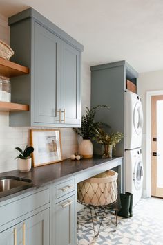 two pictures showing the same kitchen with different cabinets and flooring options, one in gray and white