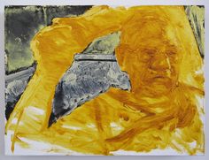 an abstract painting with yellow and black colors on white paper, depicting a man's face