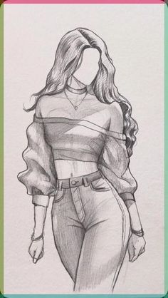 a pencil drawing of a woman in high waist jeans and a top with ruffle sleeves