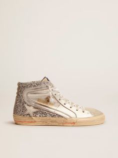 Women's Slide with laminated leather upper and silver glitter | Golden Goose Metallic High-top Sneakers With Speckled Midsole, Silver High-top Sneakers With Abzorb Midsole, Casual Silver High-top Sneakers With Speckled Midsole, Silver High-top Sneakers With Speckled Midsole, Silver High-top Sneakers With Glitter Accents, Golden Goose Slide, Fall Toes, Skate Sneakers, Exclusive Sneakers