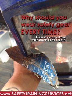 someone is holding their hand up to the side of a parking meter that reads, why should you wear safety gear every time?