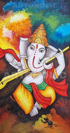 an oil painting on canvas of lord ganesha with broom and firecracker