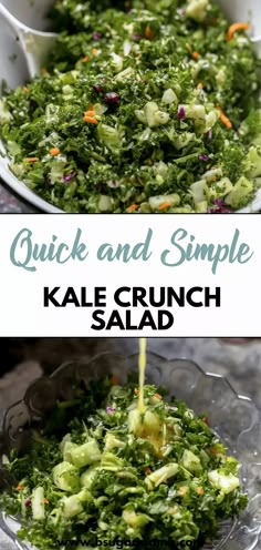 kale salad is being drizzled with dressing and served in a bowl