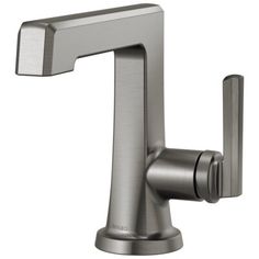 a brushed steel faucet with the handle extended