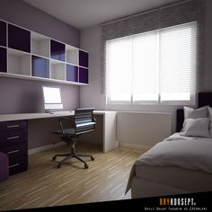 a room with a bed, desk and computer on the wall next to a window