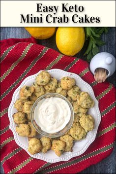 white plate with mini keto crab cakes and text Crab Cake Bites, Crab Cakes Easy, Mini Crab Cakes, Roasted Garlic Aioli, Small Bites Appetizers, Crab Cake Recipe, Gluten Free Appetizers, Keto Cooking, Picnic Foods