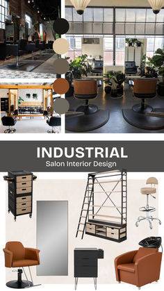 Salon styling chairs with a wooden, outer shell and black leather inside stand in front of cherry wood styling chairs. Industrial Salon Suite, Industrial Salon Decor, Exposed Ductwork, Industrial Glam