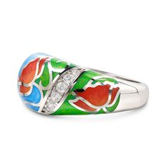 This stunning enamel ring features a delicate flower and leaf design, bringing a touch of whimsy and natural beauty to any outfit. The ring is expertly crafted from high-quality materials for durability, making it the perfect accessory for any occasion. Inspired by the serene beauty of nature, this ring will brighten up even the dullest of days in your life. With a myriad of colors everywhere, why not add some to your jewelry box with beautiful enamel jewelry?Carat Weight: 0.412 ctStone Size: 1.1,1.3,1.5,1.7 mmStone Type: Jeulia® StoneNumber of Stones: 11 Stone Shape: RoundStone Color: Diamond WhiteWeight: 5.6 gWidth: 3.6 mmHeight: 4.5 mmThickness: 1.3 mmMaterial: 925 SilverPlating Color: Silver Enamel Flower Ring For Anniversary, Elegant Enamel Rings For Gifts, Green Enamel Ring For Wedding, Elegant Enamel Ring For Anniversary, Unique Enamel Wedding Ring, Anniversary Round Flower Enamel Ring, White Gold Enamel Ring Gift, Floral Enamel Ring As Gift, Elegant Floral Enamel Ring For Wedding