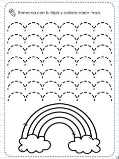 a printable worksheet with a rainbow and dotted lines in the background, which includes