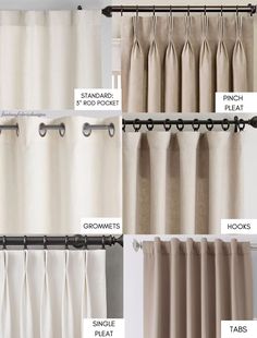 four different types of curtains hanging on the side of a window with metal rod ends