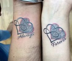 two people with matching tattoos on their arms that say, always forever and forever together