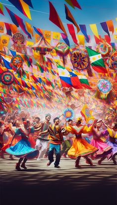 a group of people dancing in front of colorful flags