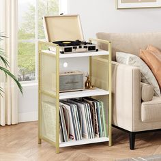 a living room with a couch, table and bookshelf filled with vinyl records