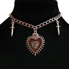 Sacred Heart & Eye Protection Charm Choker Necklace Chain 13.5" With 2" Extender New & Nicely Boxed Milagros, Meaning Miracles In Spanish, Are Small Religious Folk Charms Found Throughout Mexico And Peru. The Heart Milagro (Also Known As The Sacred Heart) Represents Love, Healing And Gratitude. Valentine's Day Silver Chain Necklace With Adjustable Chain, Metal Heart Charm Choker Necklace, Heart Shaped Metal Necklace With Silver Chain, Heart-shaped Metal Necklace With Silver Chain, Valentine's Day Silver Charm Necklace With Chain, Valentine's Day Silver Charm Necklace, Metal Charm Necklace With Heart Pendant And Silver Chain, Silver Heart Charm Necklace For Valentine's Day, Silver Chain Necklace With Heart Charm For Valentine's Day