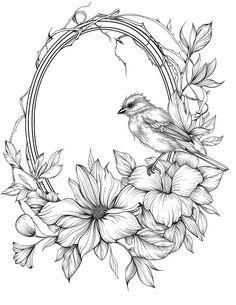 a black and white drawing of a bird sitting on top of flowers in a circle