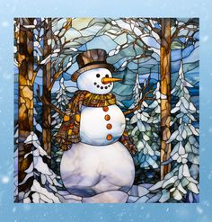 a stained glass window with a snowman standing in the middle of trees and snow