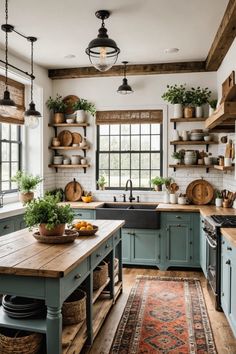 a kitchen with blue cabinets and wooden counters