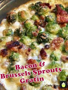 bacon and brussel sprouts pizza in a pan with text overlay