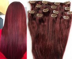 We offer high quality Exquisitely, Sexy Hand Made charming 100% Human Hair. Specifications: A full set of 7 Pieces, 14 Clips for Full Head One pcs – 10″(4 clips- For the Upper Back of Head) One pcs – 6″ (3 clips- For the Lower Back of Head) Two pcs – 4″ (2 clips each piece- For the sides) Three pcs-2″ (1 clip each piece- For Front of Head) Length: 18″,20″,22″,24″ Texture: straight Material: 100% human hair; Remy grade :AAAA Weight: 80 grams (18″), 90 grams (20″), 100 grams (22″,24″) Color: #99J Burgundy Red Wine IMPORTANT!!! Colors shown on screen can be slightly different from the actual product, due to the color settings of your computer. Based on our Customers’ suggestions: We recommend TWO PACKS (14 pieces) of Clip In/On Hair Extensions for more full, complete and natural look. Hair Extensions Logo, Red Hair Extensions, Indian Remy Human Hair, Back Of Head, Side Braid Hairstyles, Ombre Hair Extensions, Real Human Hair Extensions, Heatless Hairstyles, Remy Human Hair Extensions