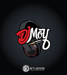 the logo for dj moy studios, with headphones and microphones on it