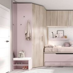 a bedroom with pink walls and white furniture