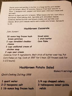 the menu for hashbrown potato salad